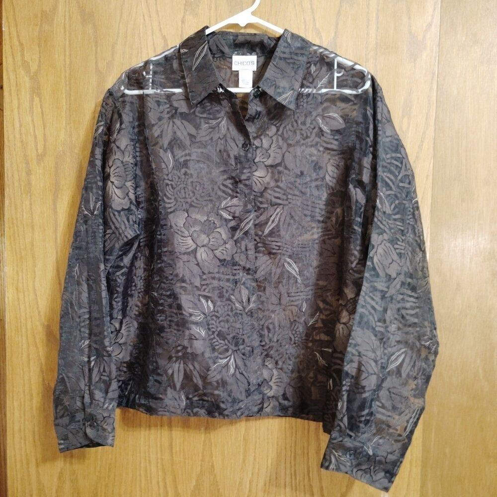 Chico's Womens Sz 2 LARGE Blouse Black Floral Lace Sheer Top Button EC Goth